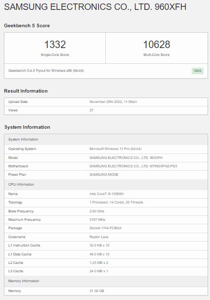英特爾酷睿i9-13900H在Geekbench 5測(cè)試中表現(xiàn)一般